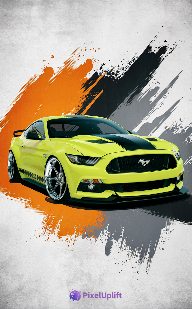 Vibrant yellow-green Ford Mustang sports car phone wallpaper with black racing stripe and chrome rims on dynamic orange, black, and gray abstract background