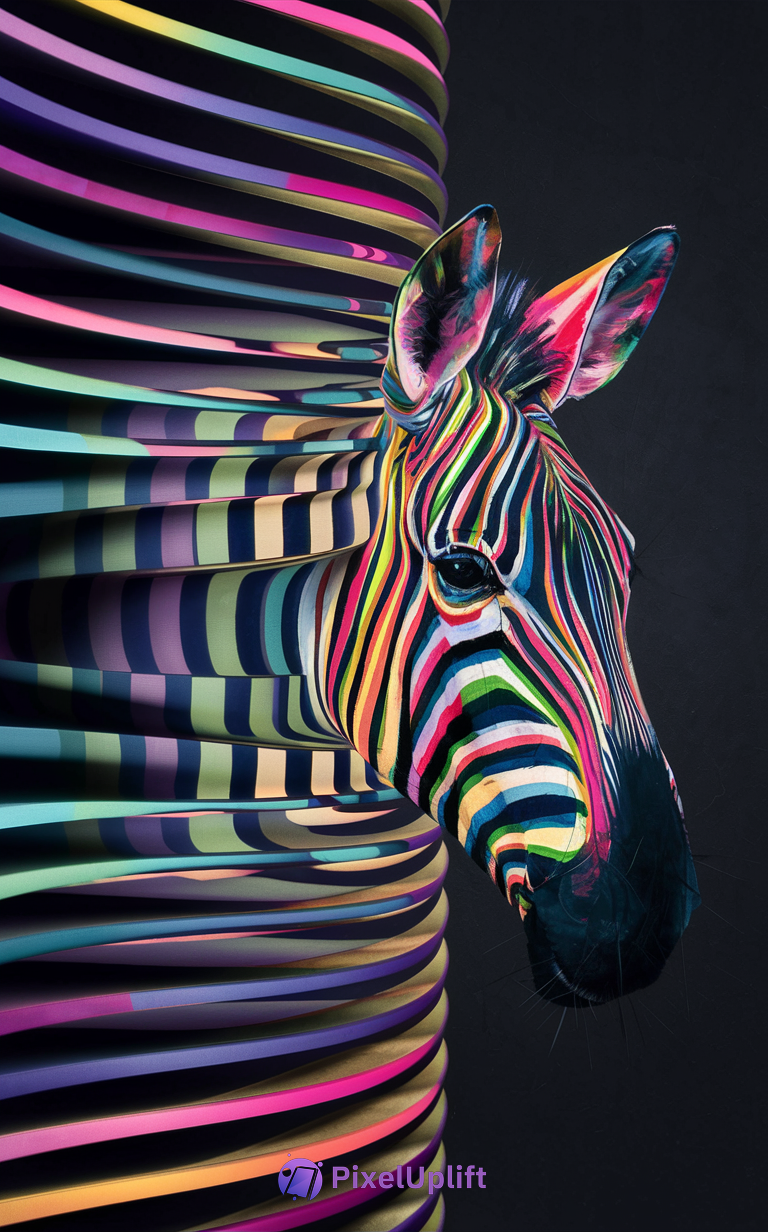 Colorful zebra with flowing ribbon-like stripes on dark background phone wallpaper