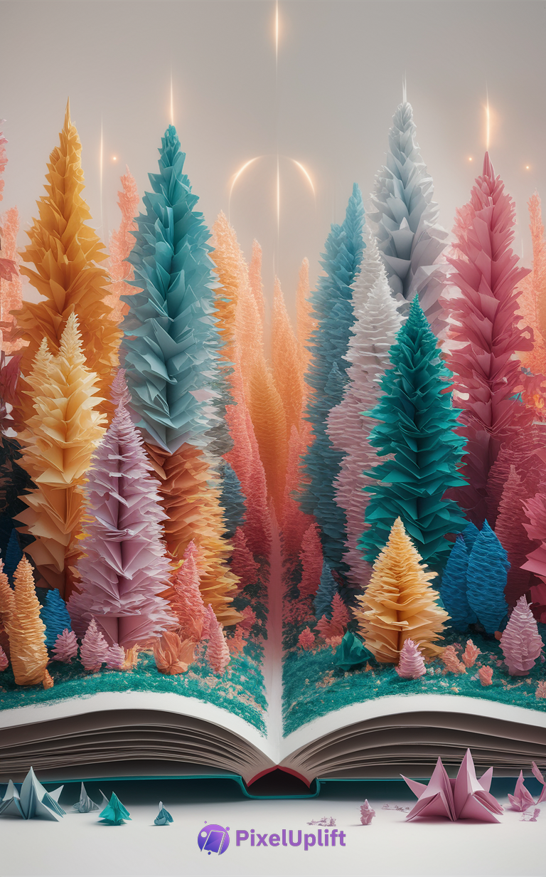 Whimsical phone wallpaper showing an open book with a colorful 3D paper forest of pastel pink, blue, orange, yellow, and white trees emerging