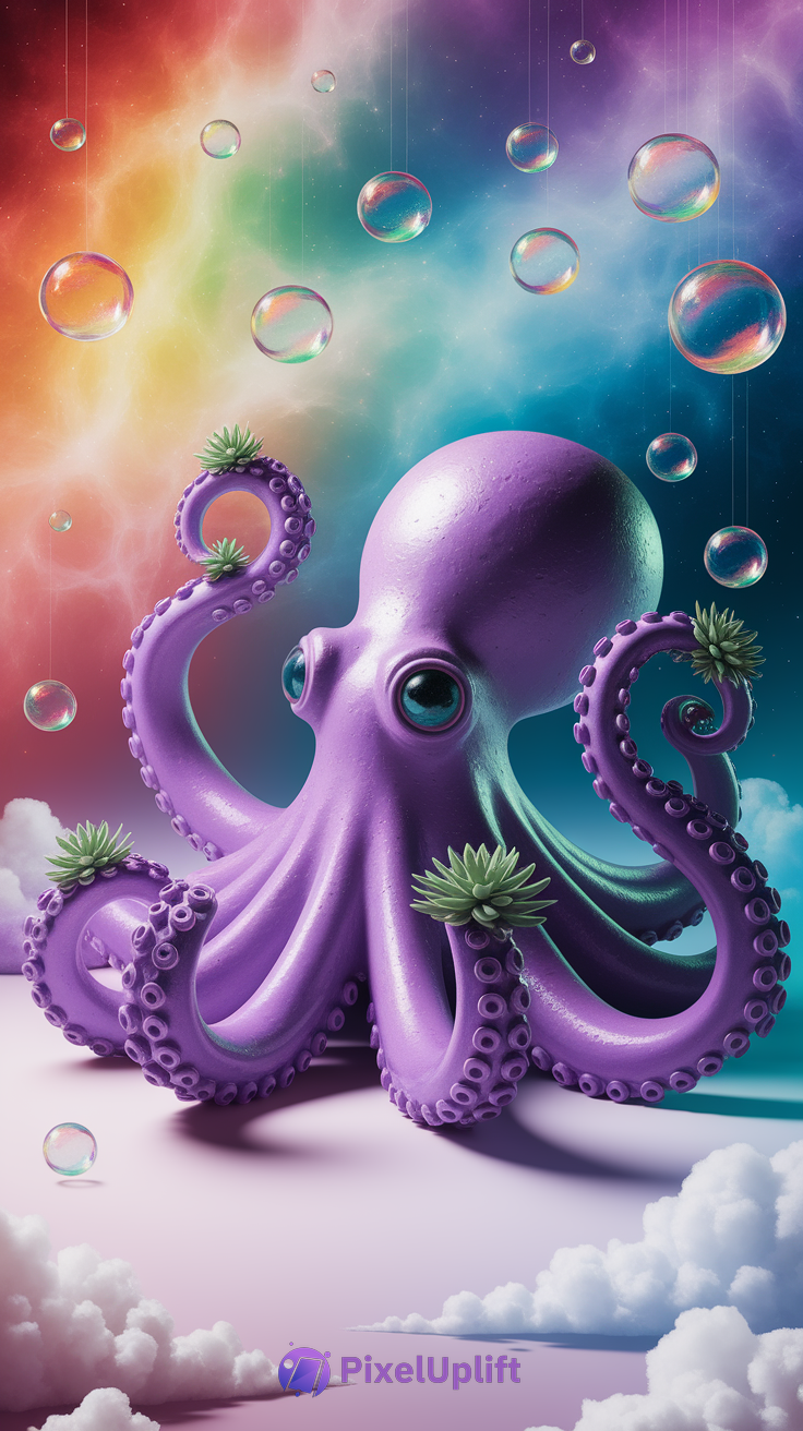 Whimsical purple octopus phone wallpaper with succulent plants on tentacles, colorful nebula background, floating soap bubbles, and fluffy clouds