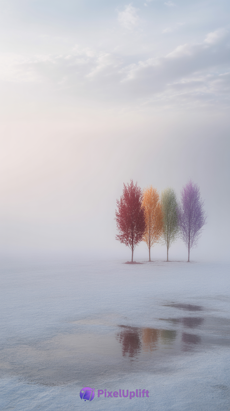 Serene winter scene with four slender trees having red, orange, green, and purple leaves standing in a snowy field with reflections in water and a misty pale sky