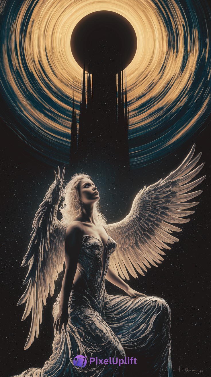 Fantasy phone wallpaper of a winged woman kneeling before a dark spired structure under a celestial black eclipse with golden rings