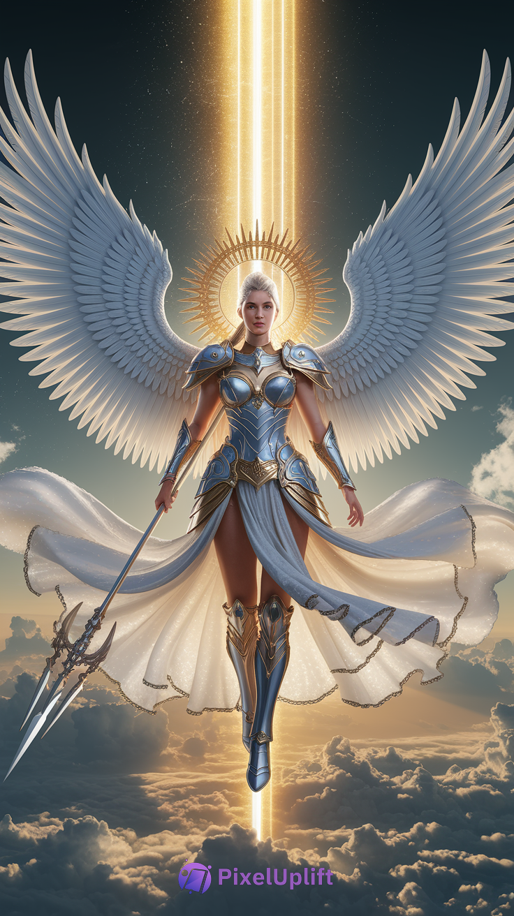 Majestic female angel with large white wings, glowing golden halo, ornate blue and gold armor, holding a trident, floating above clouds with a warm celestial sky background