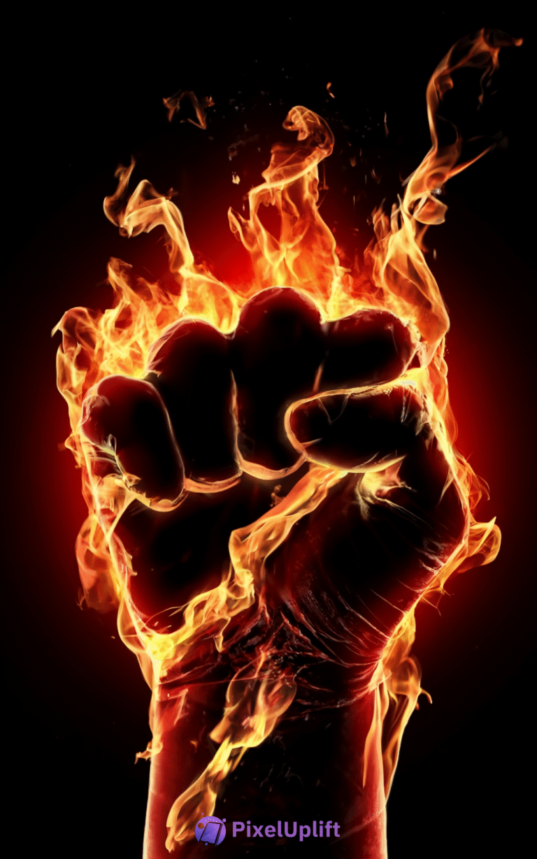 Clenched fist engulfed in vibrant flames on black background phone wallpaper
