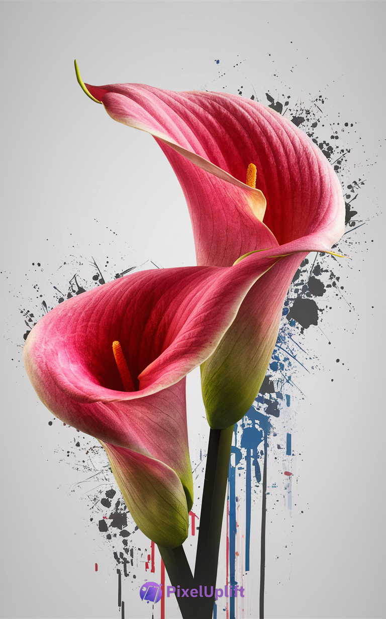 Vibrant pink calla lilies with green bases on a light gray background with an abstract splash of black, blue, and red paint